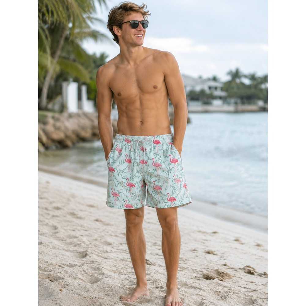 Croft & Barrow Men's Swim Trunks Size M Flamingo Print Drawstring No Mesh